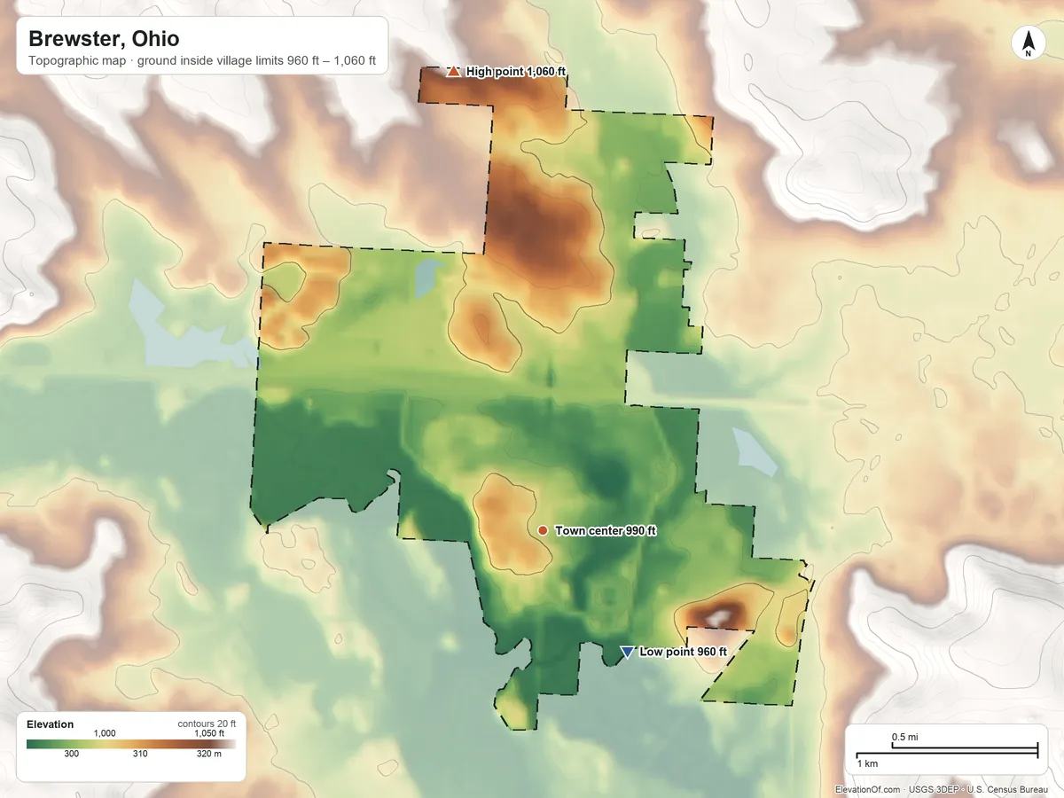 Topographic elevation map of Brewster, Ohio, shaded from 960 ft on the southeast side to 1,060 ft on the north side