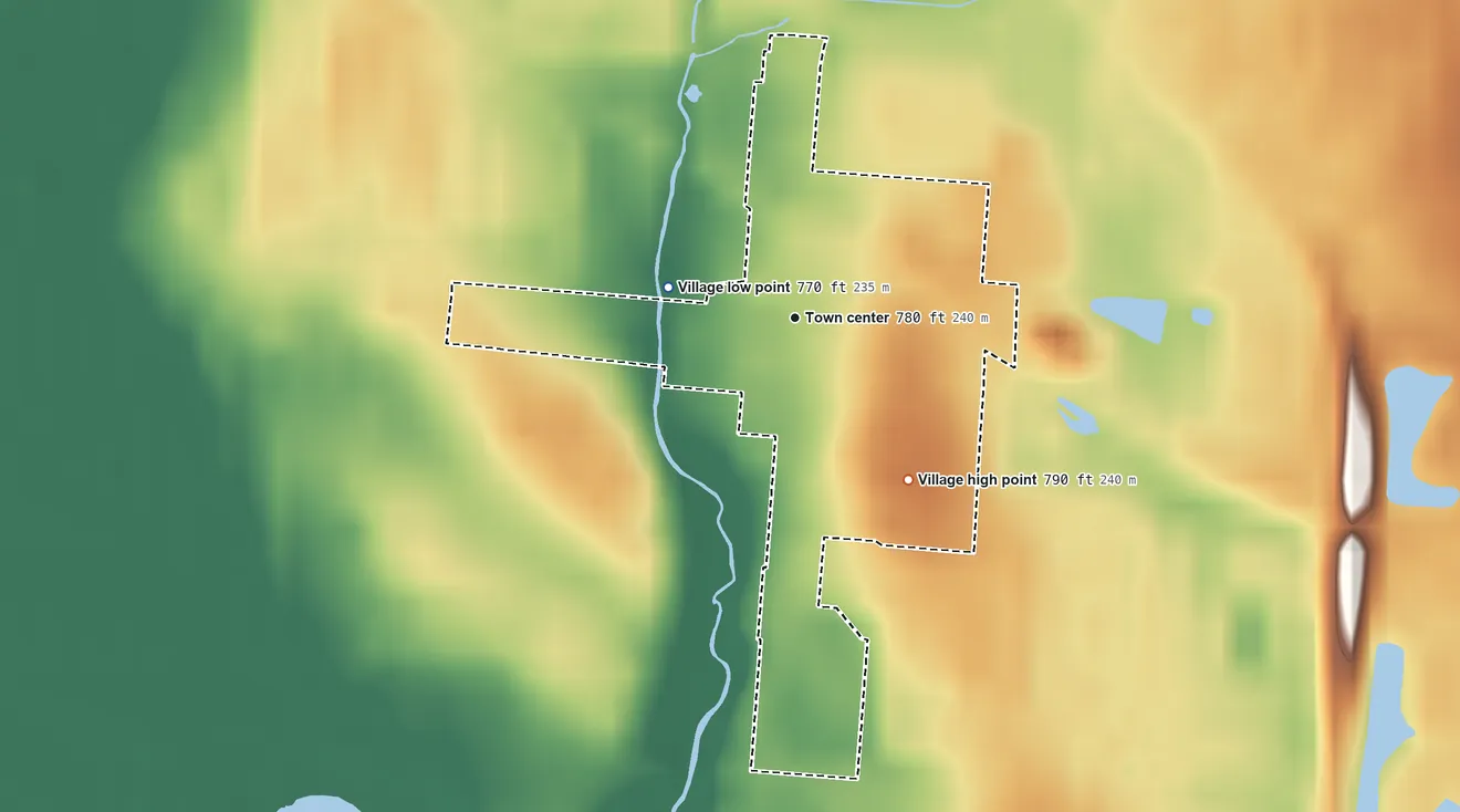 Topographic elevation map of Brice, Ohio, shaded from 770 ft on the west side to 790 ft on the southeast side