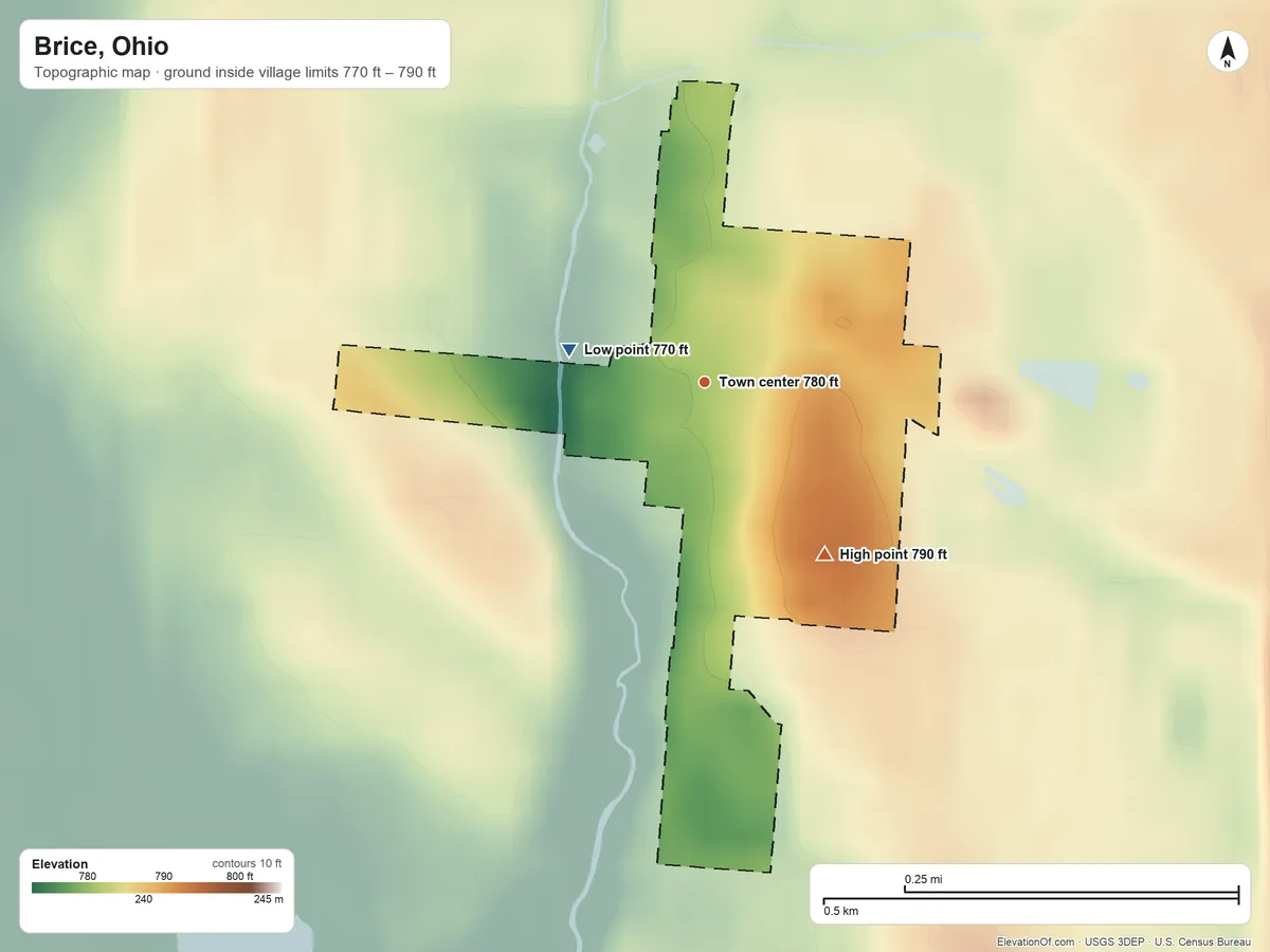 Topographic elevation map of Brice, Ohio, shaded from 770 ft on the west side to 790 ft on the southeast side
