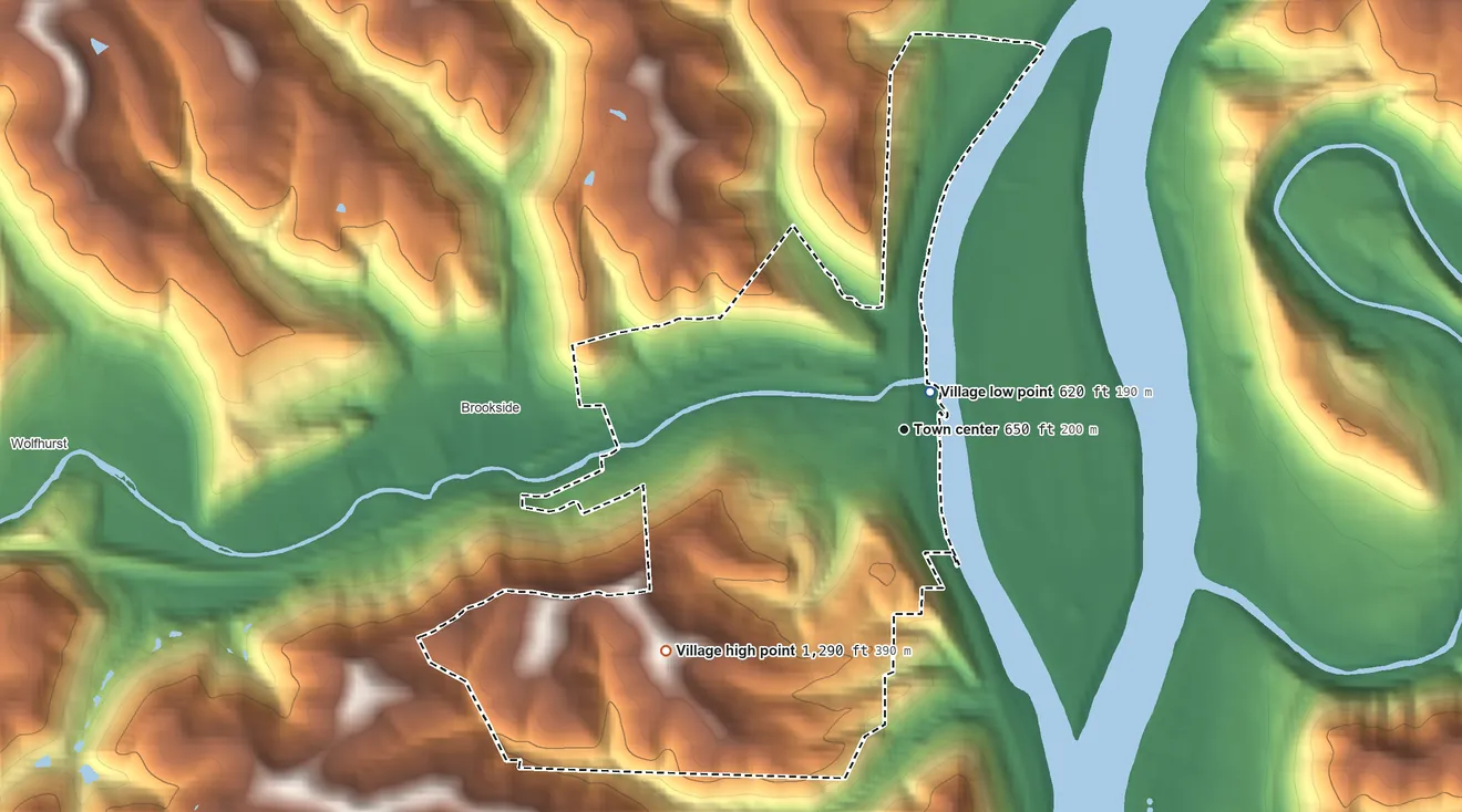 Topographic elevation map of Bridgeport, Ohio, shaded from 620 ft near the middle to 1,290 ft on the southwest side