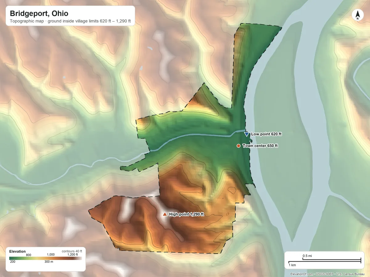Topographic elevation map of Bridgeport, Ohio, shaded from 620 ft near the middle to 1,290 ft on the southwest side