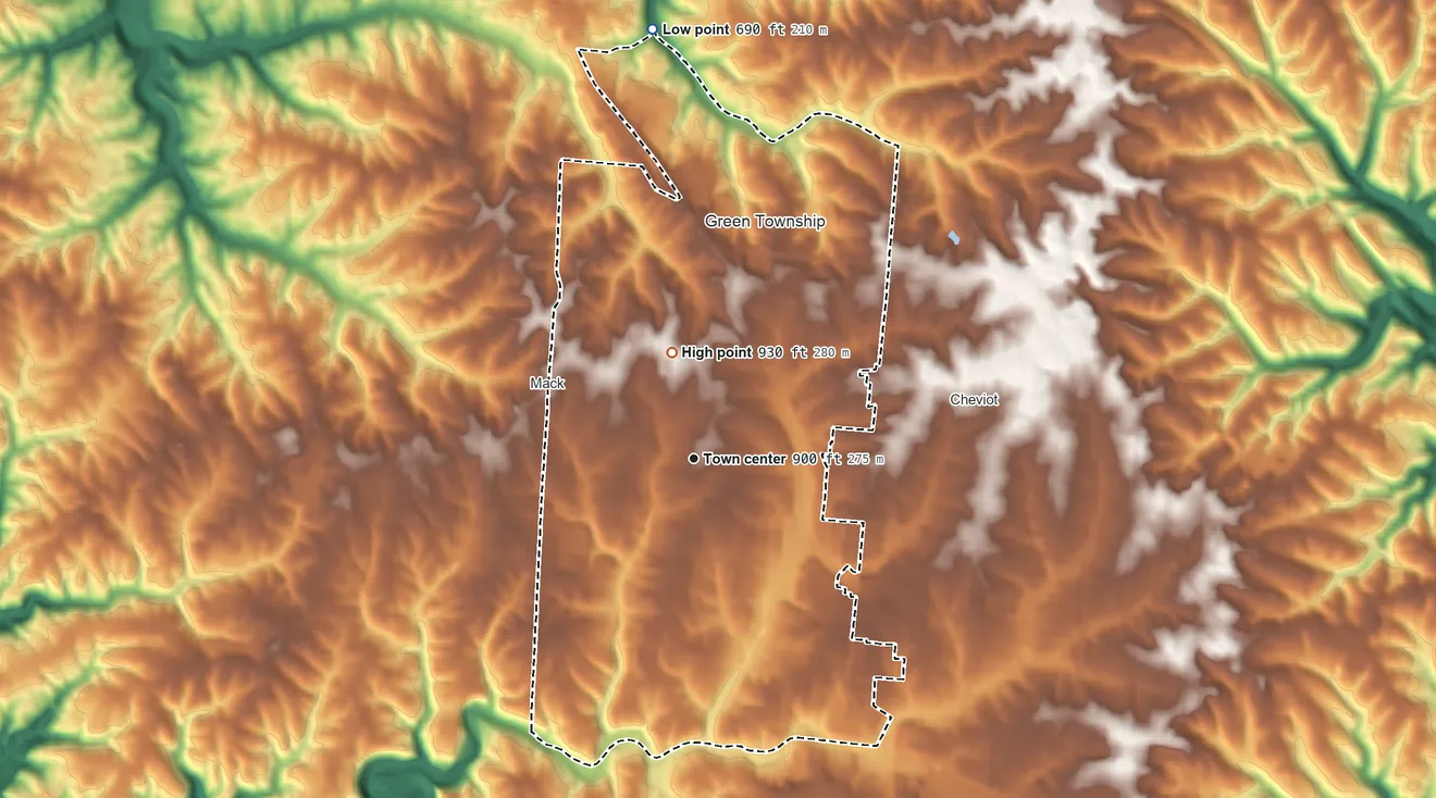 Topographic elevation map of Bridgetown, Ohio, shaded from 690 ft on the north side to 930 ft on the north side
