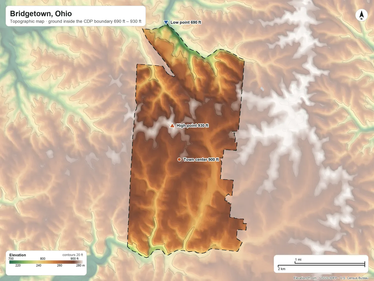 Topographic elevation map of Bridgetown, Ohio, shaded from 690 ft on the north side to 930 ft on the north side