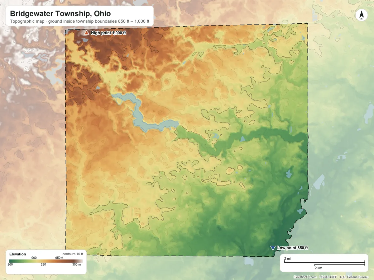 Topographic elevation map of Bridgewater Township, Ohio, shaded from 850 ft on the southeast side to 1,000 ft on the northwest side