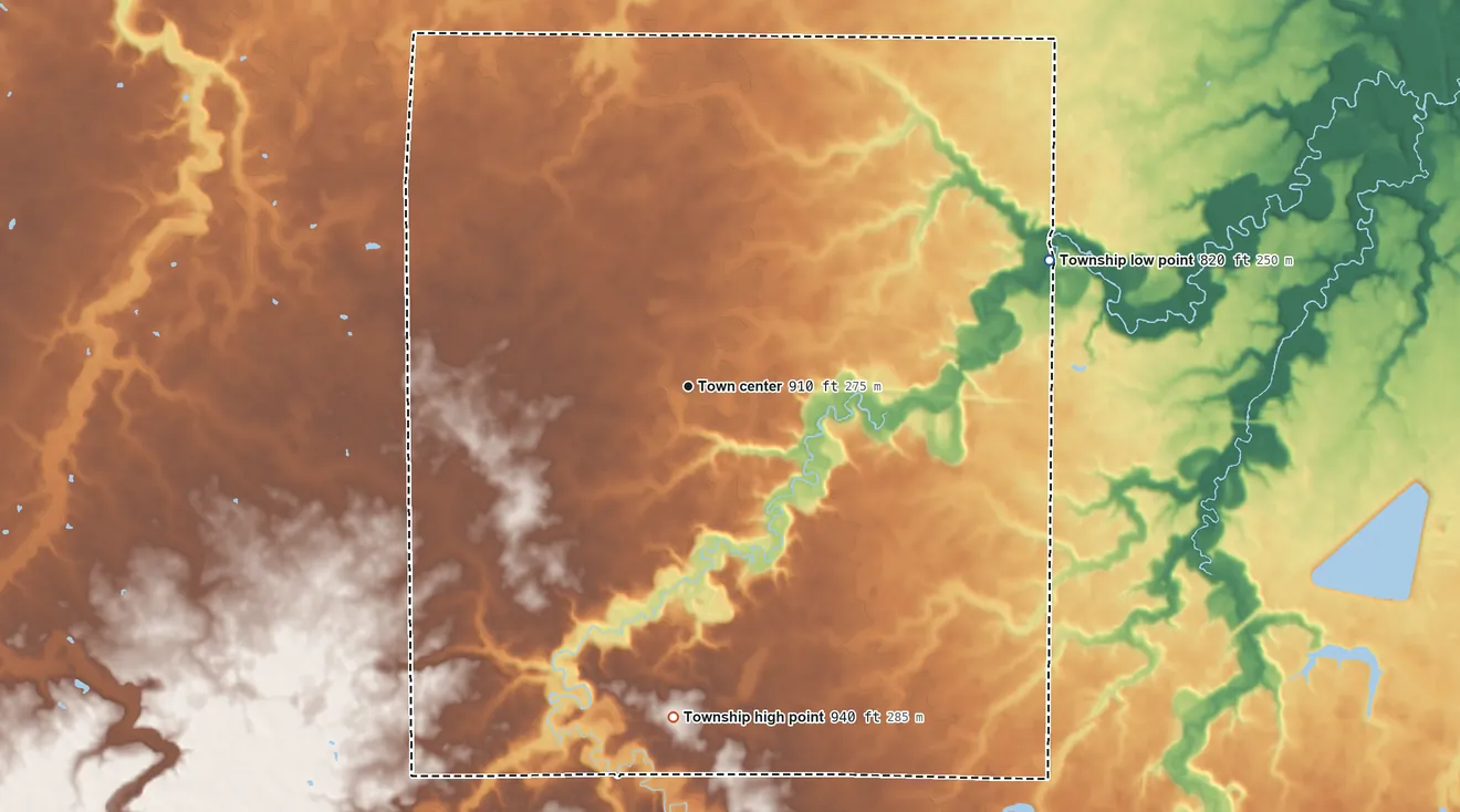 Topographic elevation map of Brighton Township, Ohio, shaded from 820 ft on the east side to 940 ft on the south side