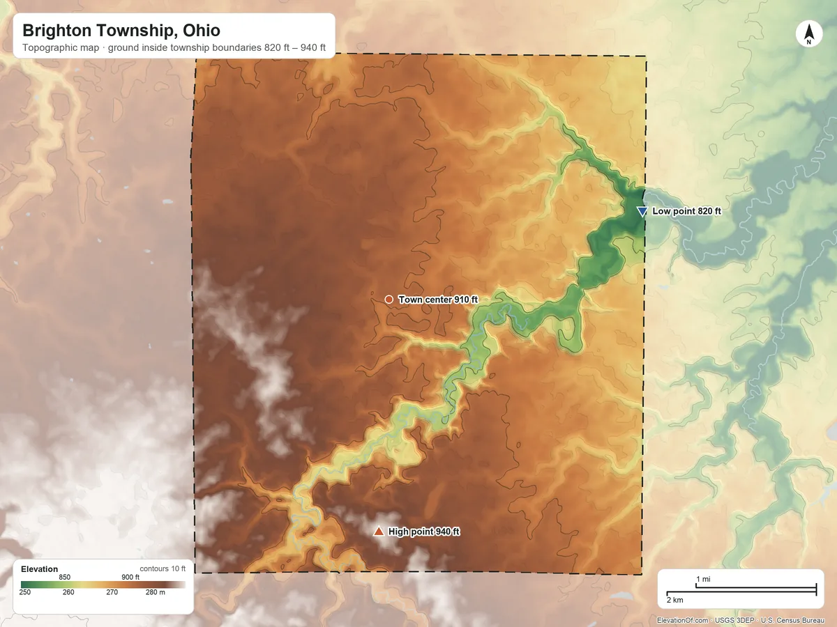 Topographic elevation map of Brighton Township, Ohio, shaded from 820 ft on the east side to 940 ft on the south side