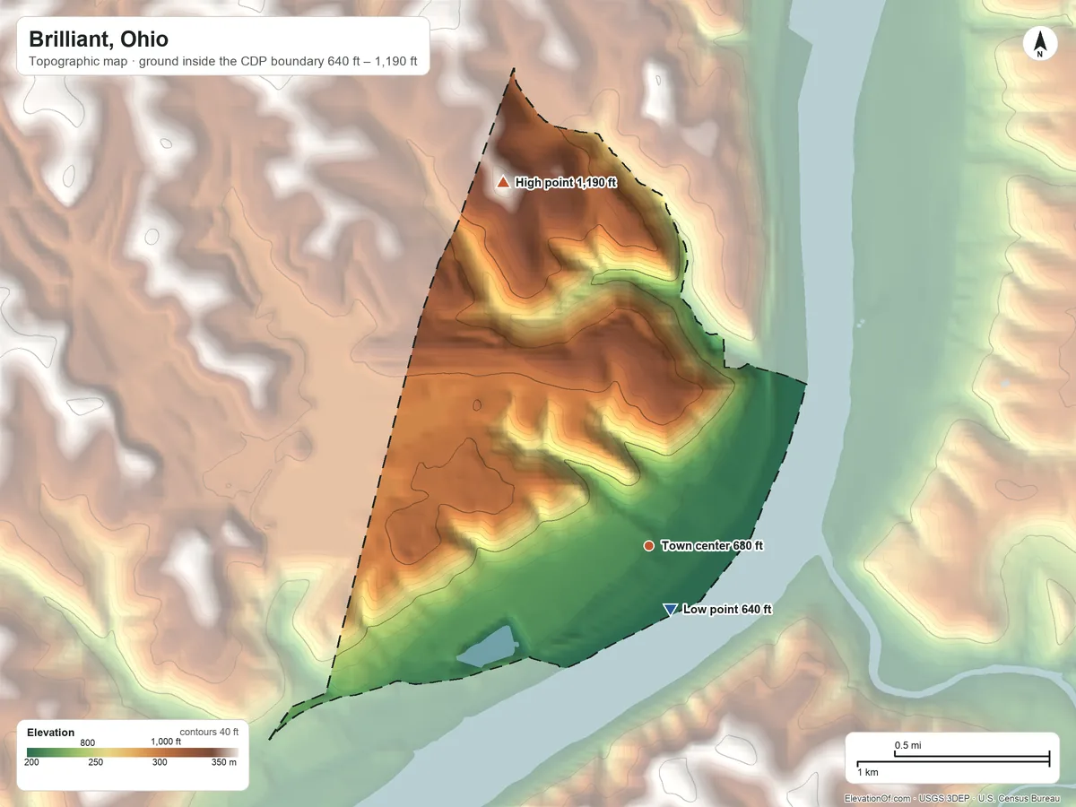 Topographic elevation map of Brilliant, Ohio, shaded from 640 ft near the middle to 1,190 ft on the north side
