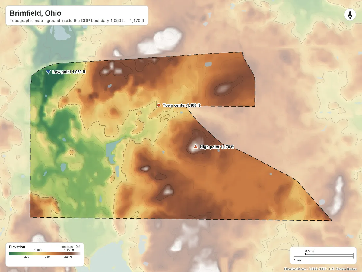 Topographic elevation map of Brimfield, Ohio, shaded from 1,050 ft on the west side to 1,170 ft on the southeast side