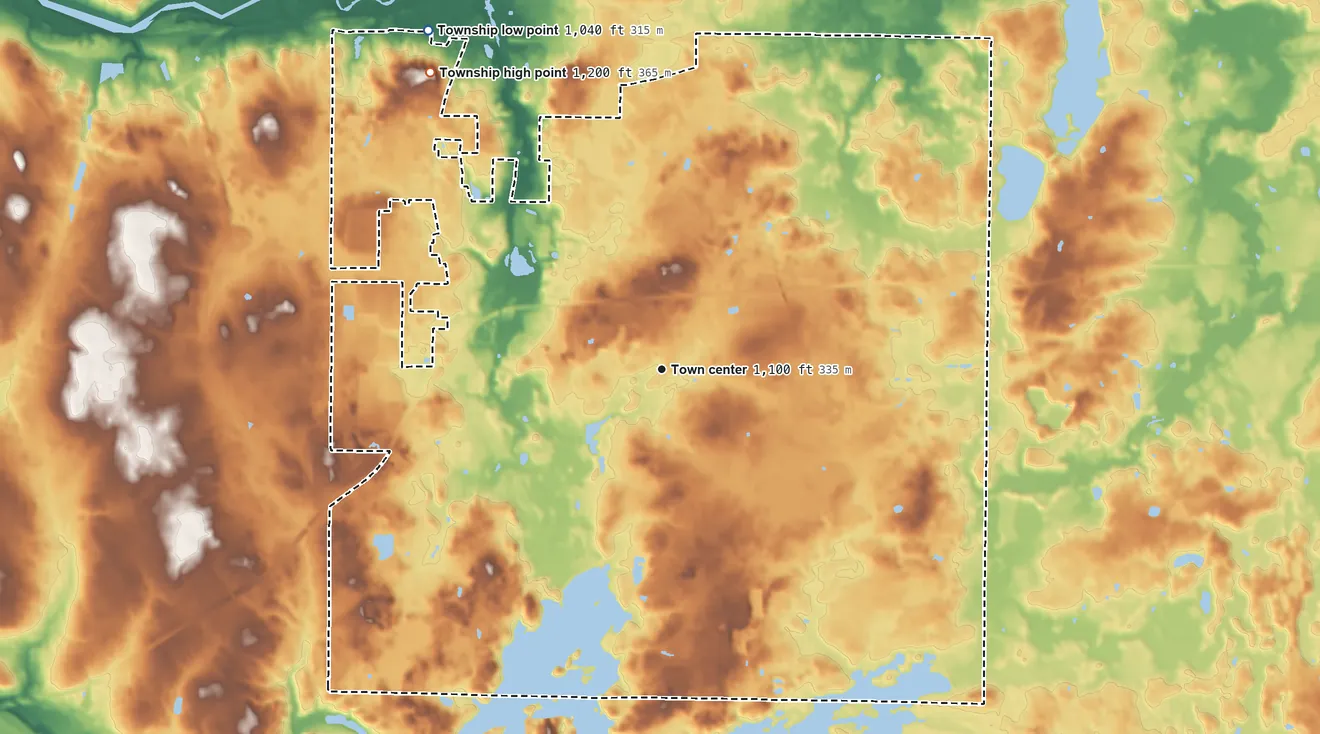 Topographic elevation map of Brimfield Township, Ohio, shaded from 1,040 ft on the northwest side to 1,200 ft on the northwest side