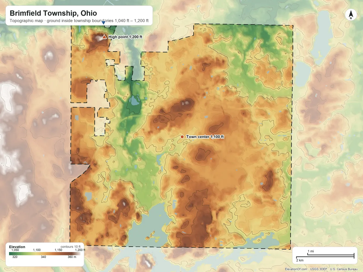 Topographic elevation map of Brimfield Township, Ohio, shaded from 1,040 ft on the northwest side to 1,200 ft on the northwest side