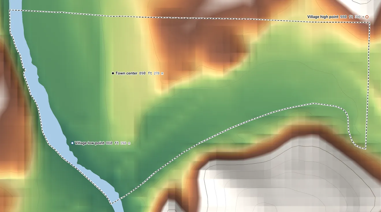 Topographic elevation map of Brinkhaven, Ohio, shaded from 860 ft on the southwest side to 980 ft on the east side