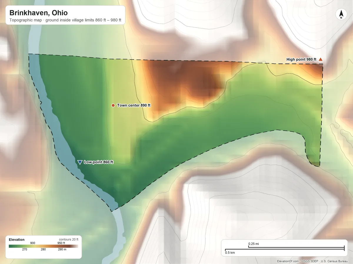 Topographic elevation map of Brinkhaven, Ohio, shaded from 860 ft on the southwest side to 980 ft on the east side