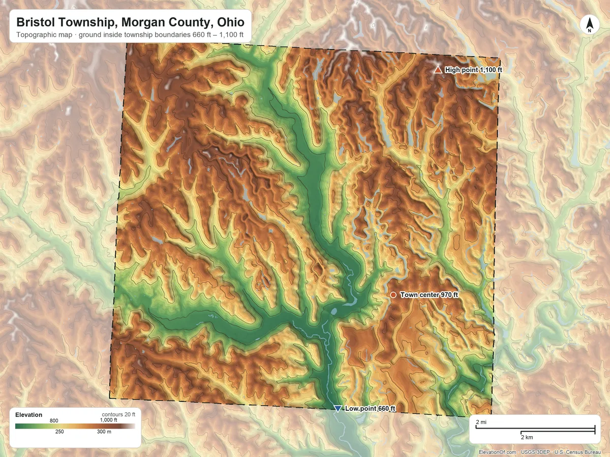 Topographic elevation map of Bristol Township, Morgan County, Ohio, shaded from 660 ft on the southwest side to 1,100 ft on the north side