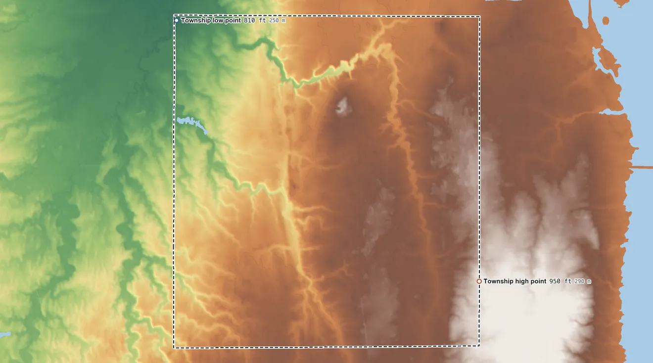 Topographic elevation map of Bristol Township, Ohio, shaded from 810 ft on the northwest side to 950 ft on the southeast side