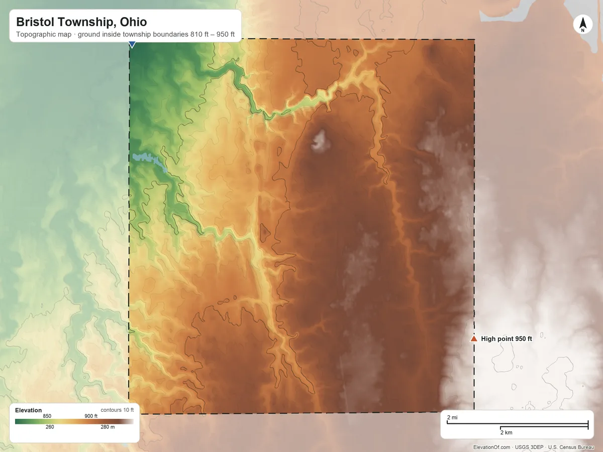 Topographic elevation map of Bristol Township, Ohio, shaded from 810 ft on the northwest side to 950 ft on the southeast side