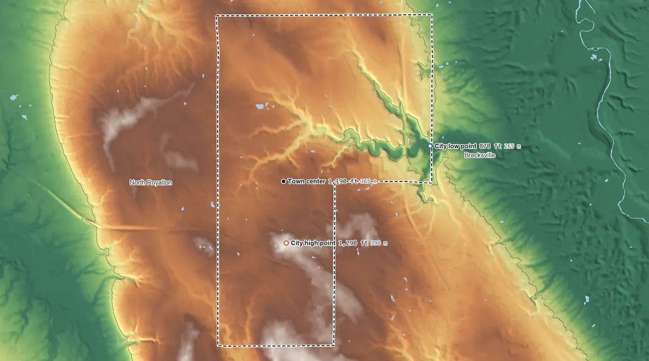 Topographic elevation map of Broadview Heights, Ohio, shaded from 870 ft on the east side to 1,290 ft on the south side