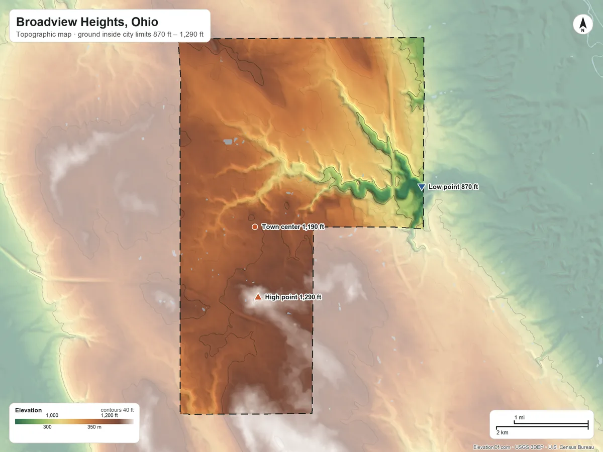 Topographic elevation map of Broadview Heights, Ohio, shaded from 870 ft on the east side to 1,290 ft on the south side
