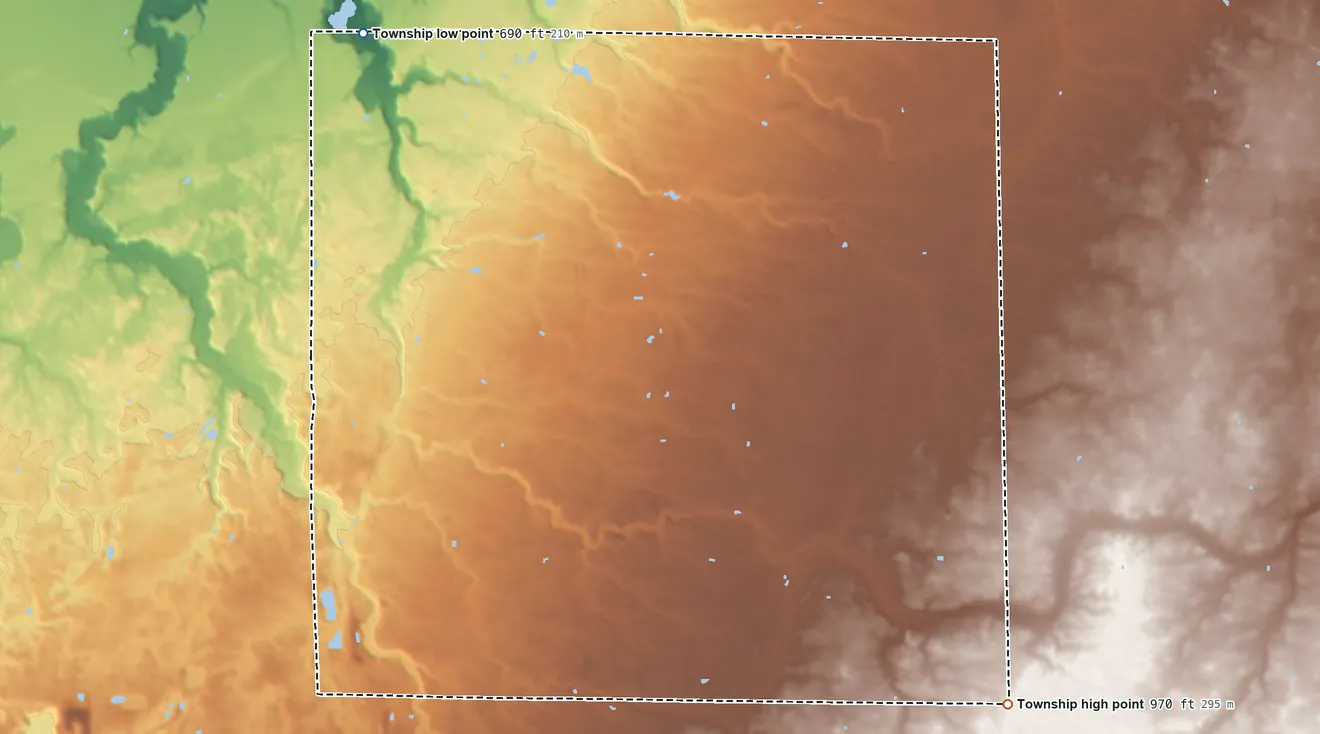 Topographic elevation map of Bronson Township, Ohio, shaded from 690 ft on the northwest side to 970 ft on the southeast side