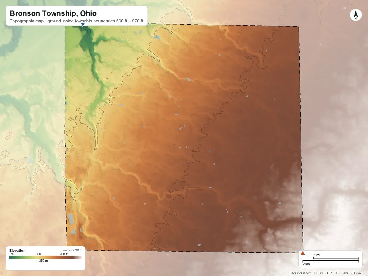 Topographic elevation map of Bronson Township, Ohio, shaded from 690 ft on the northwest side to 970 ft on the southeast side