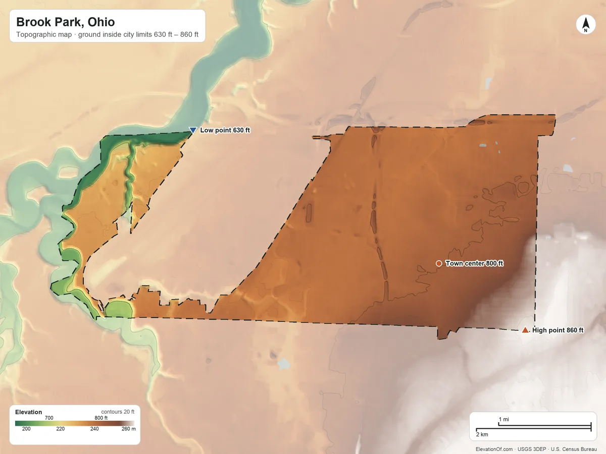 Topographic elevation map of Brook Park, Ohio, shaded from 630 ft on the northwest side to 860 ft on the southeast side