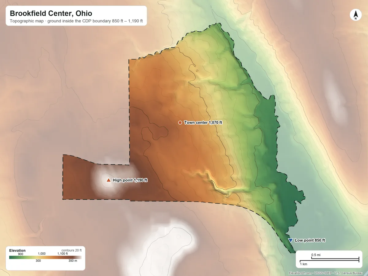 Topographic elevation map of Brookfield Center, Ohio, shaded from 850 ft on the southeast side to 1,190 ft on the southwest side