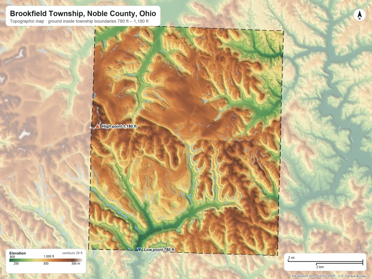 Topographic elevation map of Brookfield Township, Noble County, Ohio, shaded from 780 ft on the southwest side to 1,180 ft on the west side