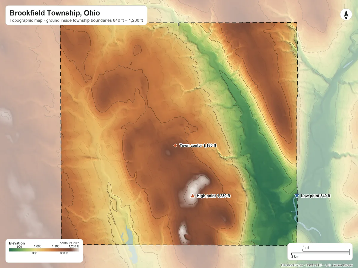 Topographic elevation map of Brookfield Township, Ohio, shaded from 840 ft on the southeast side to 1,230 ft on the south side