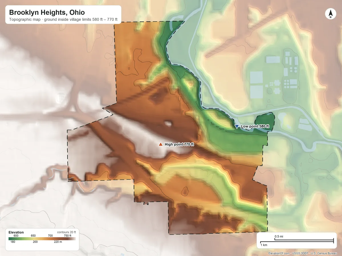 Topographic elevation map of Brooklyn Heights, Ohio, shaded from 580 ft on the east side to 770 ft near the middle