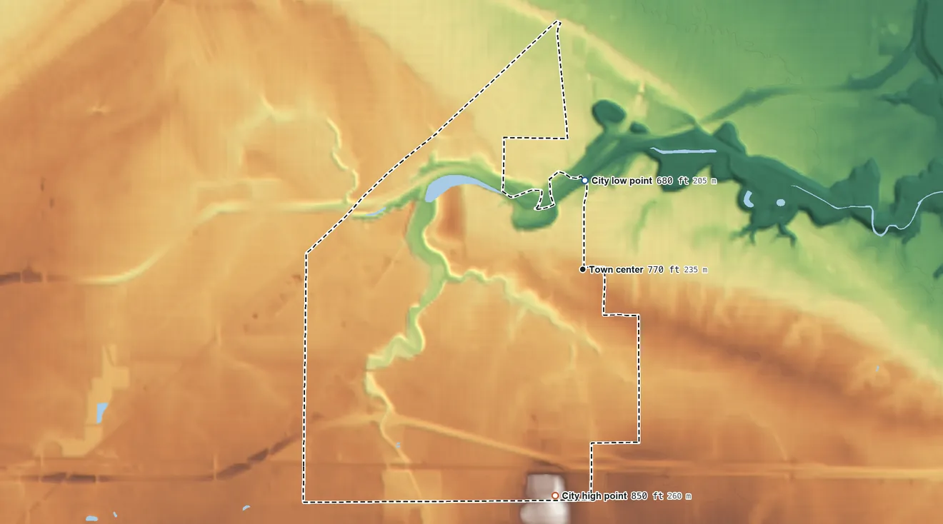 Topographic elevation map of Brooklyn, Ohio, shaded from 680 ft on the north side to 850 ft on the south side