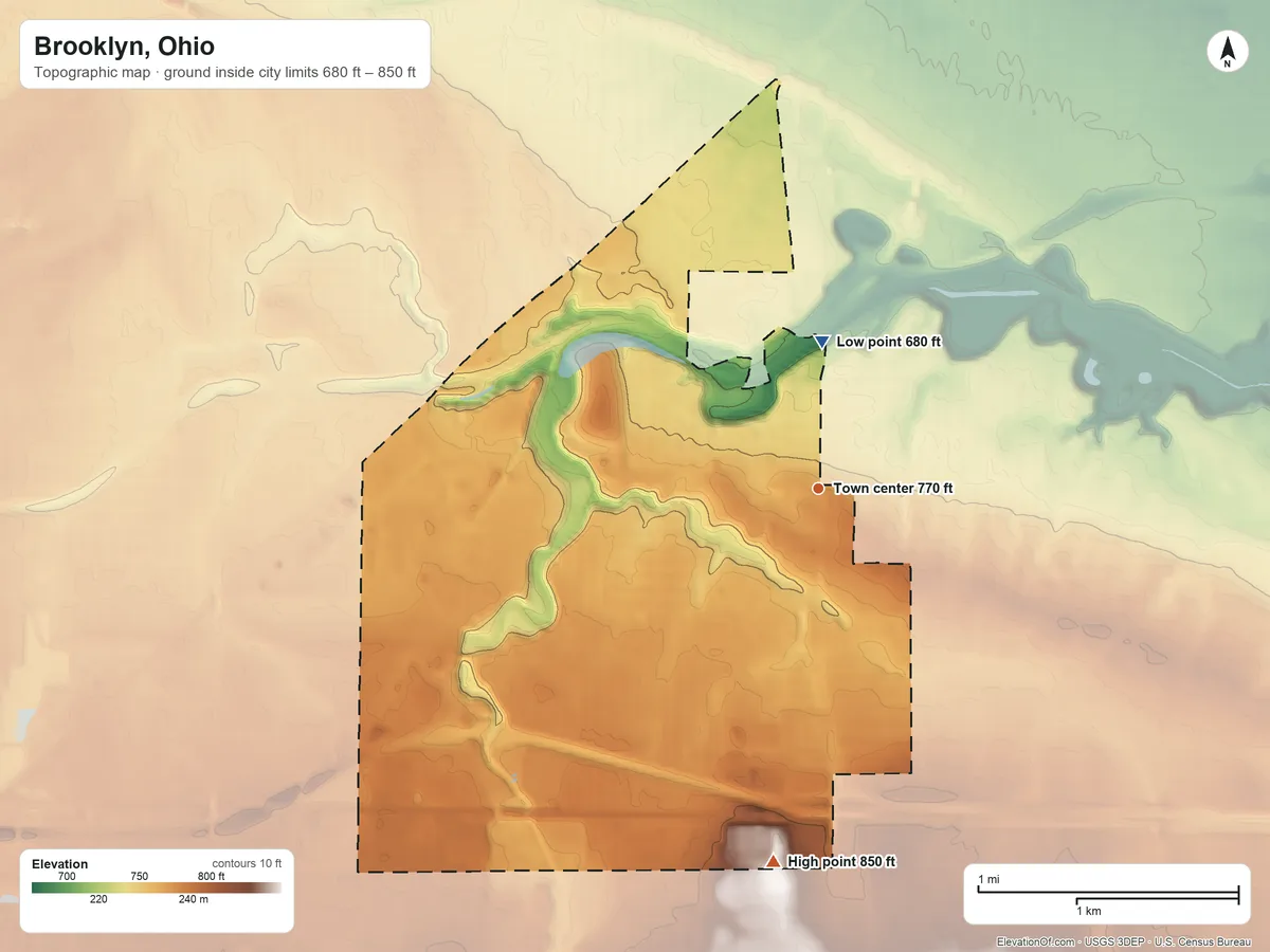 Topographic elevation map of Brooklyn, Ohio, shaded from 680 ft on the north side to 850 ft on the south side