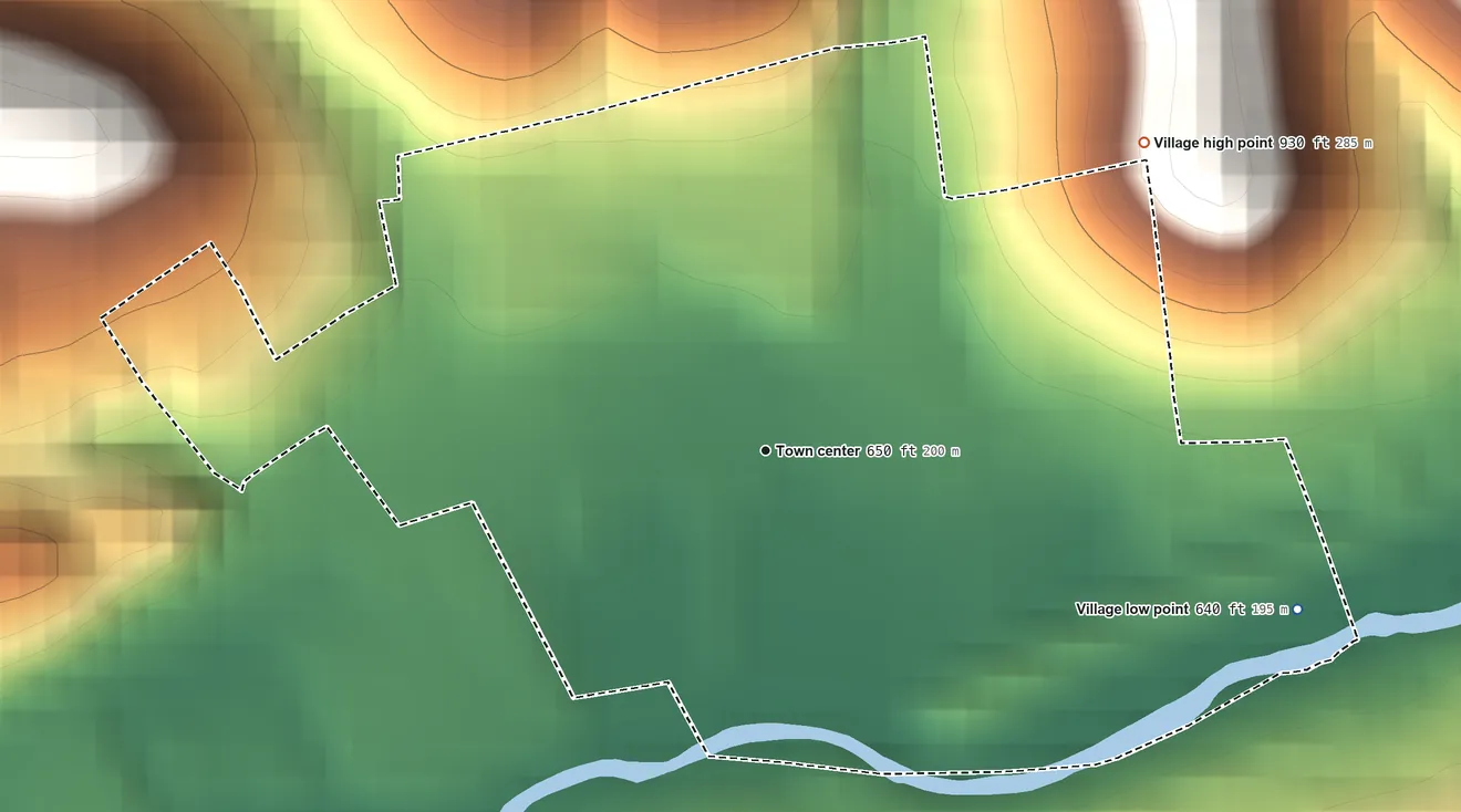Topographic elevation map of Brookside, Ohio, shaded from 640 ft on the east side to 930 ft on the northeast edge, below higher ground just outside