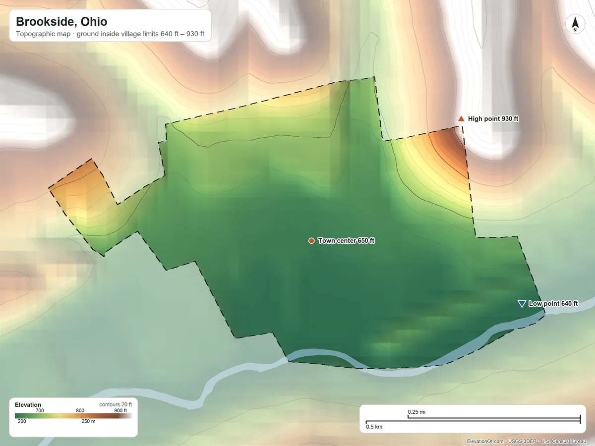 Topographic elevation map of Brookside, Ohio, shaded from 640 ft on the east side to 930 ft on the northeast edge, below higher ground just outside