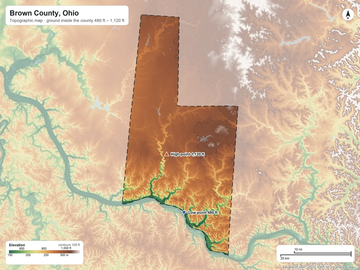 Topographic elevation map of Brown County, Ohio, shaded from 480 ft on the south side to 1,120 ft near the middle