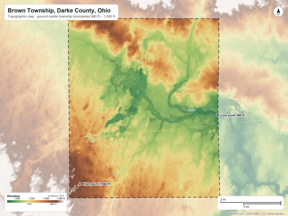 Topographic elevation map of Brown Township, Darke County, Ohio, shaded from 990 ft on the east side to 1,060 ft on the southwest side