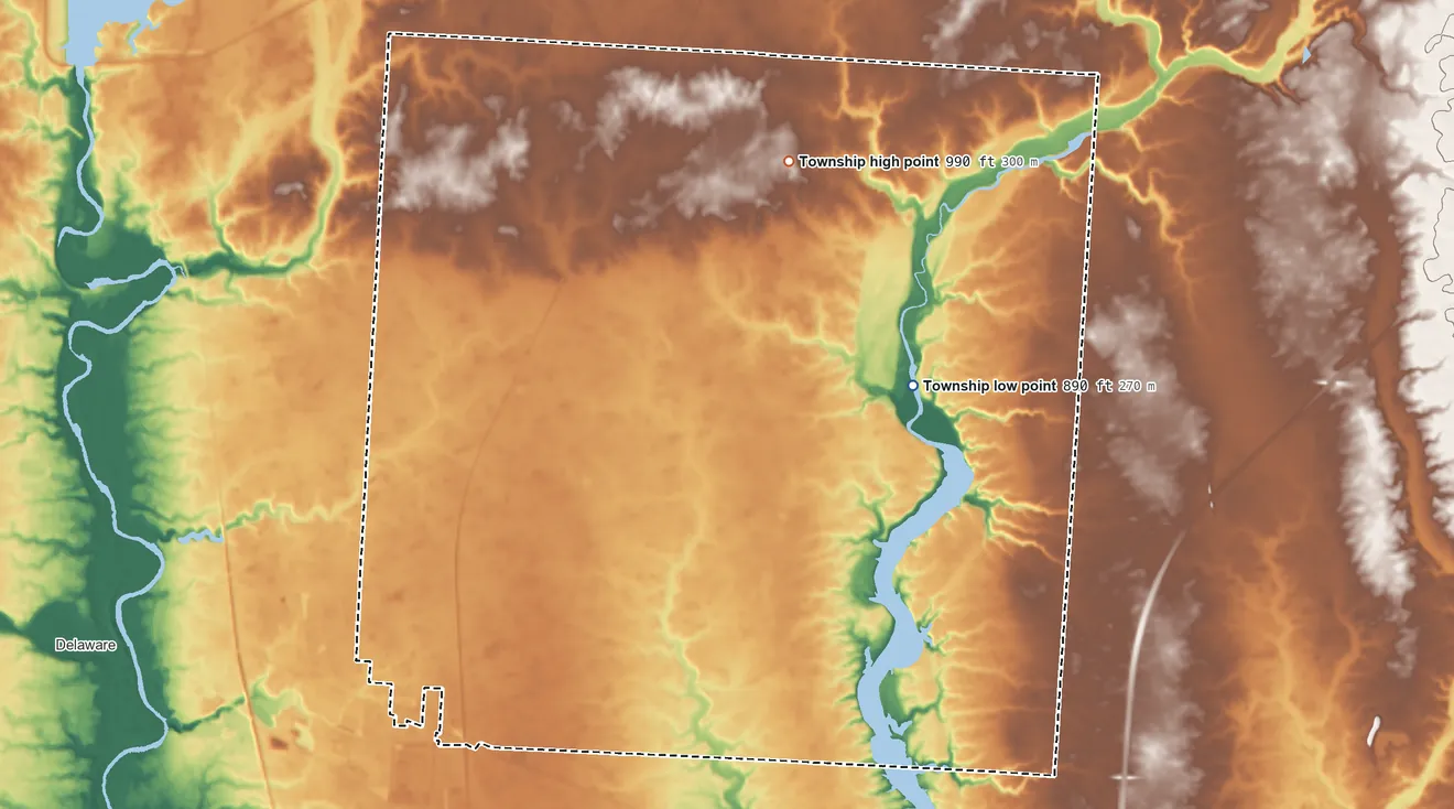 Topographic elevation map of Brown Township, Delaware County, Ohio, shaded from 890 ft on the northeast side to 990 ft on the north side