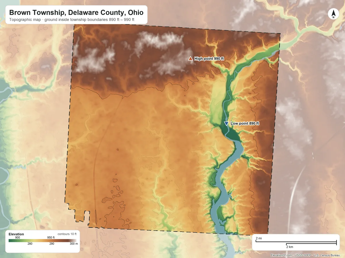 Topographic elevation map of Brown Township, Delaware County, Ohio, shaded from 890 ft on the northeast side to 990 ft on the north side
