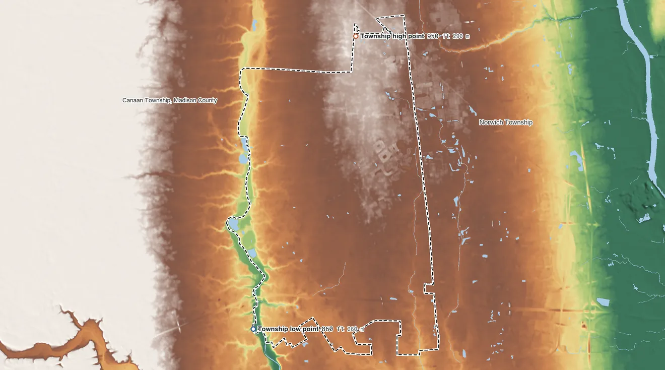 Topographic elevation map of Brown Township, Franklin County, Ohio, shaded from 860 ft on the southwest side to 950 ft on the north side