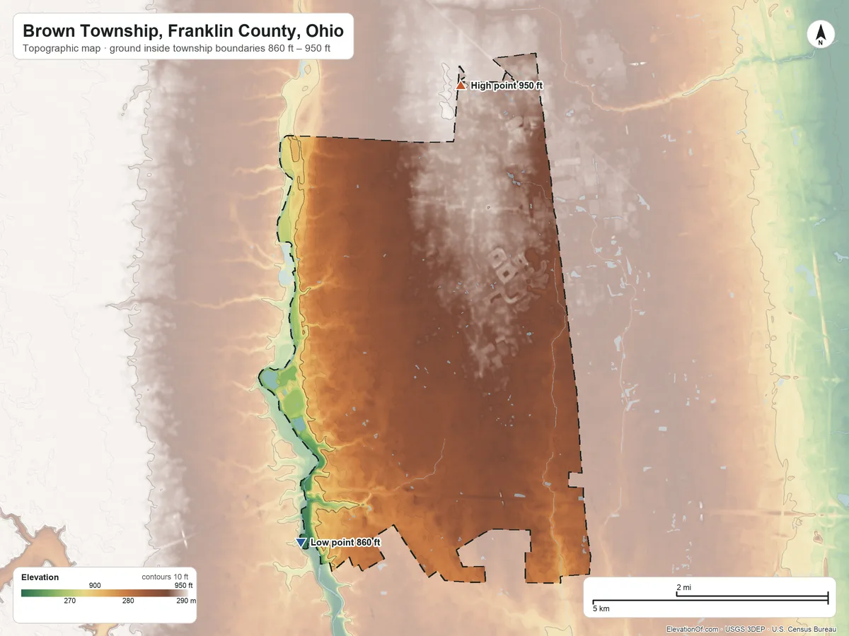 Topographic elevation map of Brown Township, Franklin County, Ohio, shaded from 860 ft on the southwest side to 950 ft on the north side