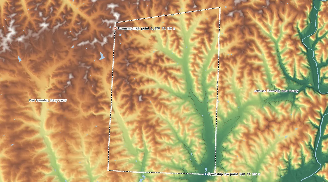 Topographic elevation map of Brown Township, Knox County, Ohio, shaded from 940 ft on the southeast side to 1,370 ft on the northwest side