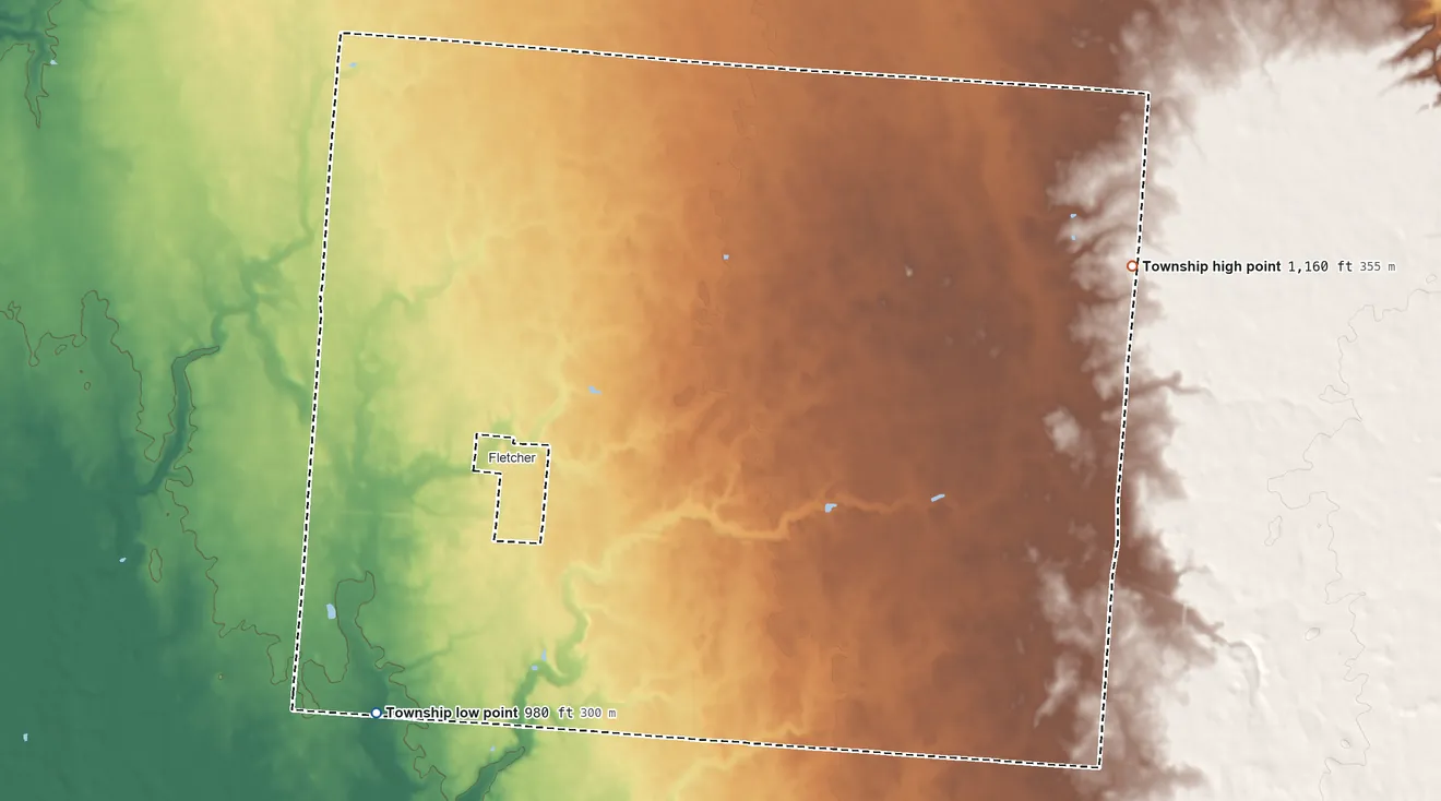 Topographic elevation map of Brown Township, Miami County, Ohio, shaded from 980 ft on the southwest side to 1,160 ft on the east side