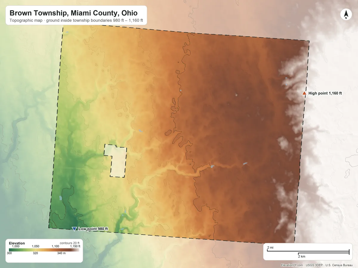 Topographic elevation map of Brown Township, Miami County, Ohio, shaded from 980 ft on the southwest side to 1,160 ft on the east side
