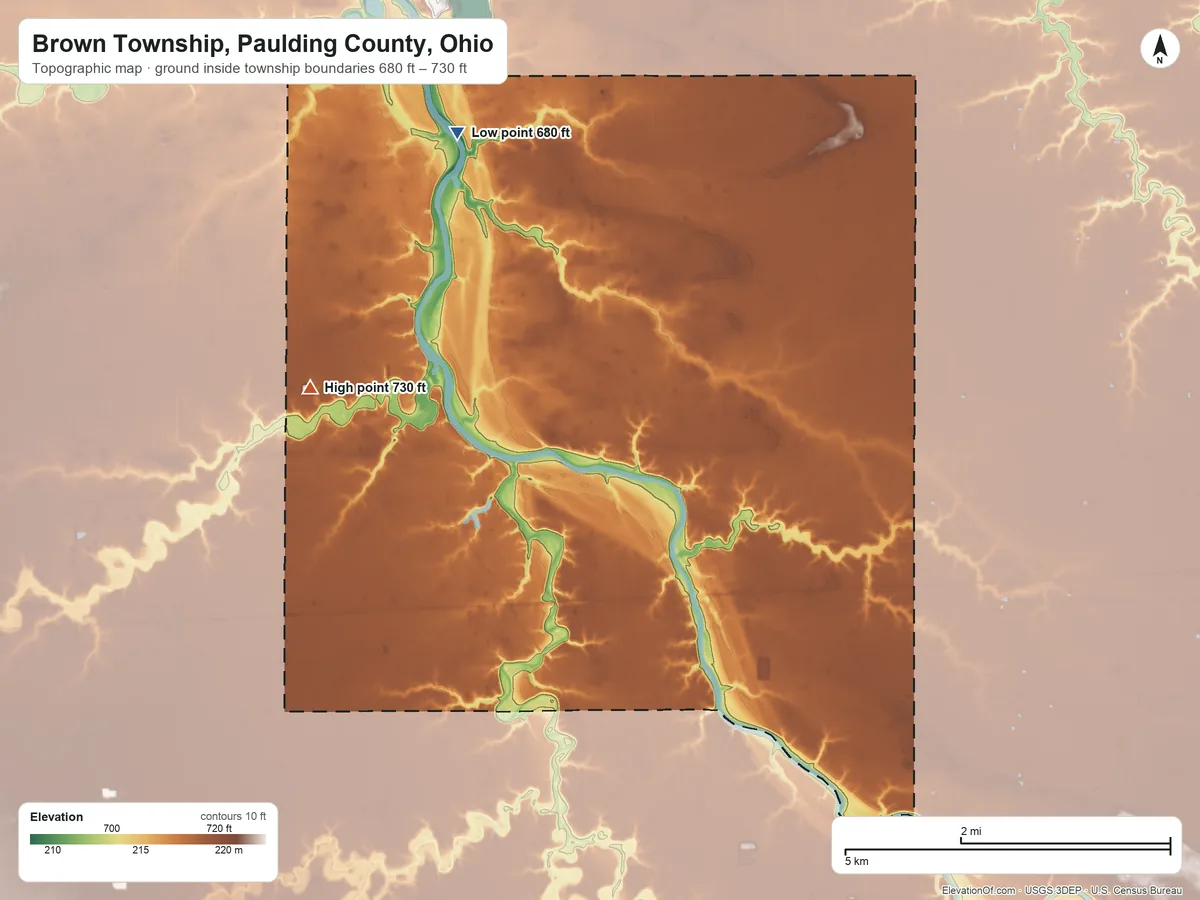 Topographic elevation map of Brown Township, Paulding County, Ohio, shaded from 680 ft on the northwest side to 730 ft on the west side