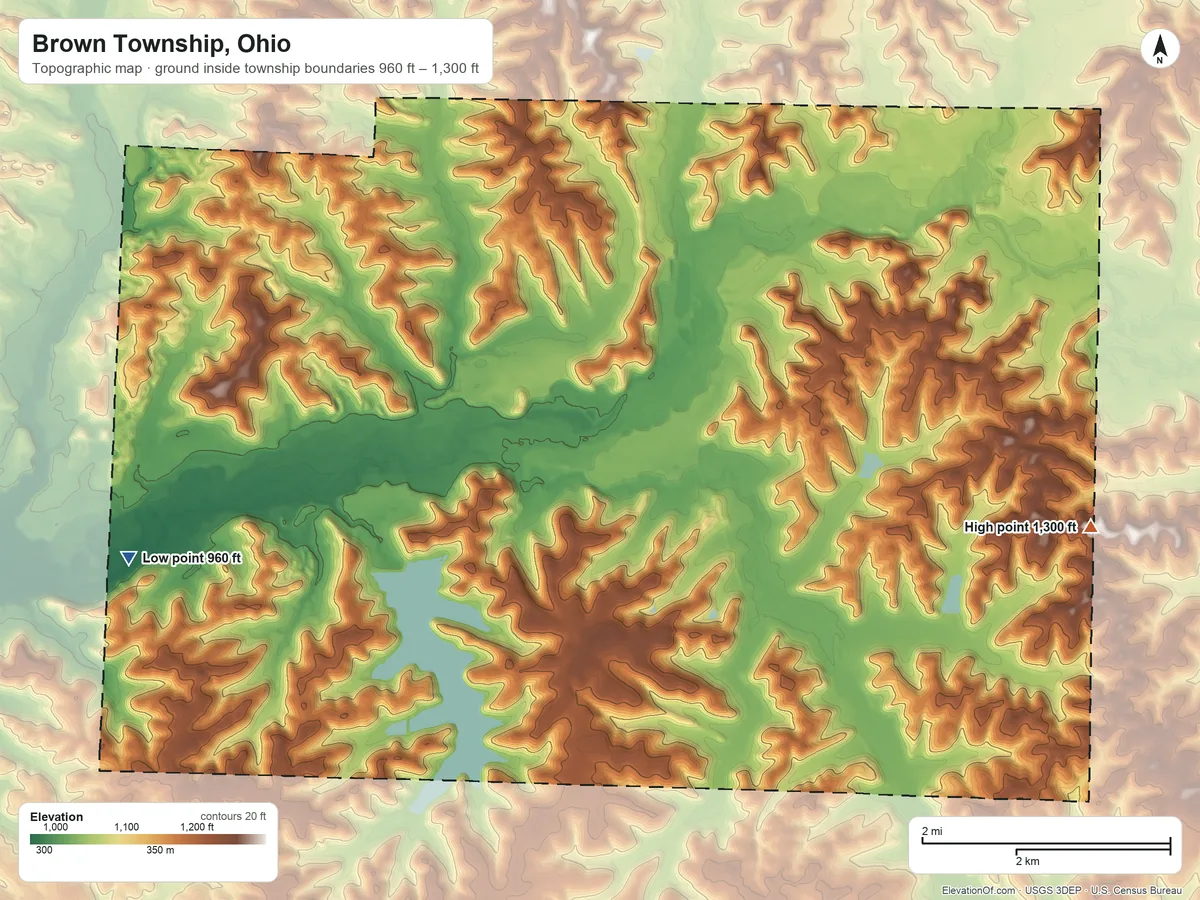 Topographic elevation map of Brown Township, Ohio, shaded from 960 ft on the west side to 1,300 ft on the east side