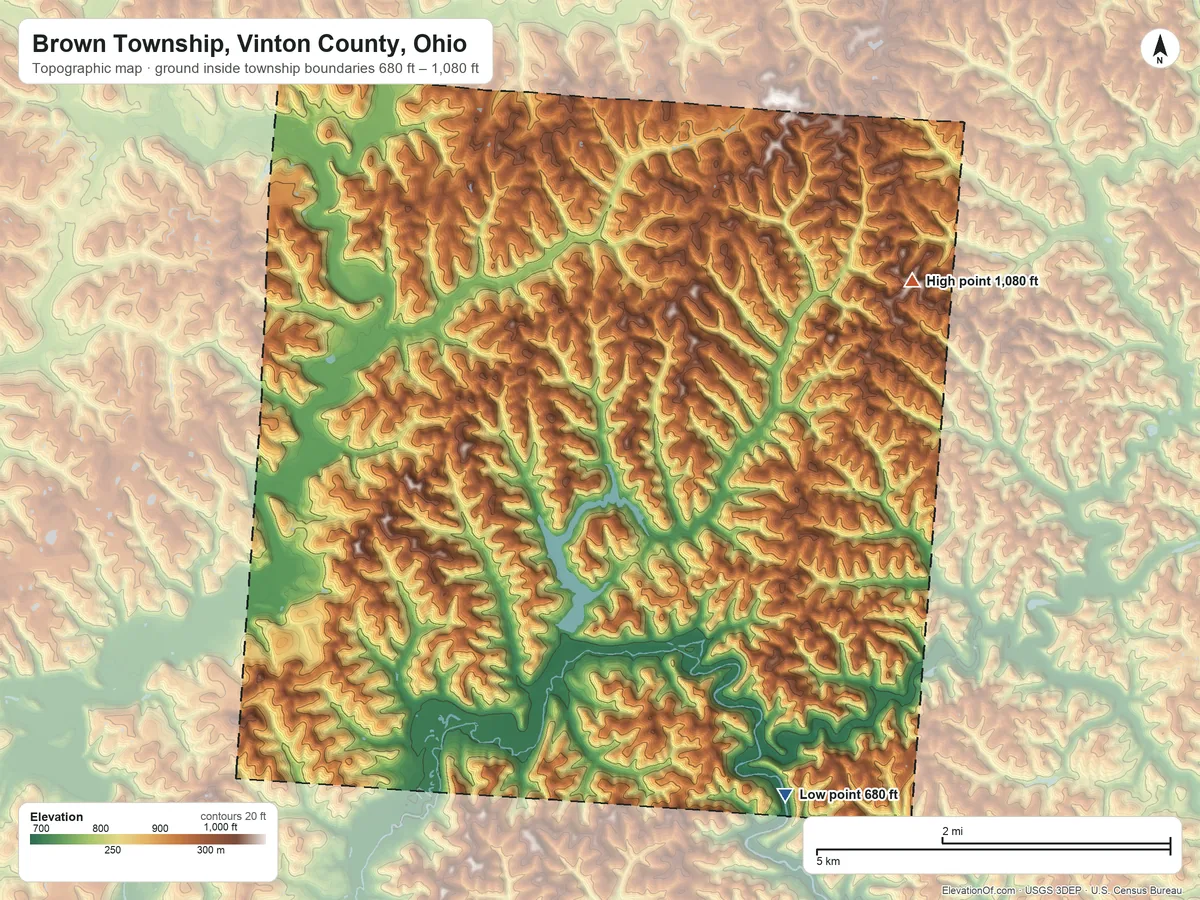Topographic elevation map of Brown Township, Vinton County, Ohio, shaded from 680 ft on the southeast side to 1,080 ft on the east side