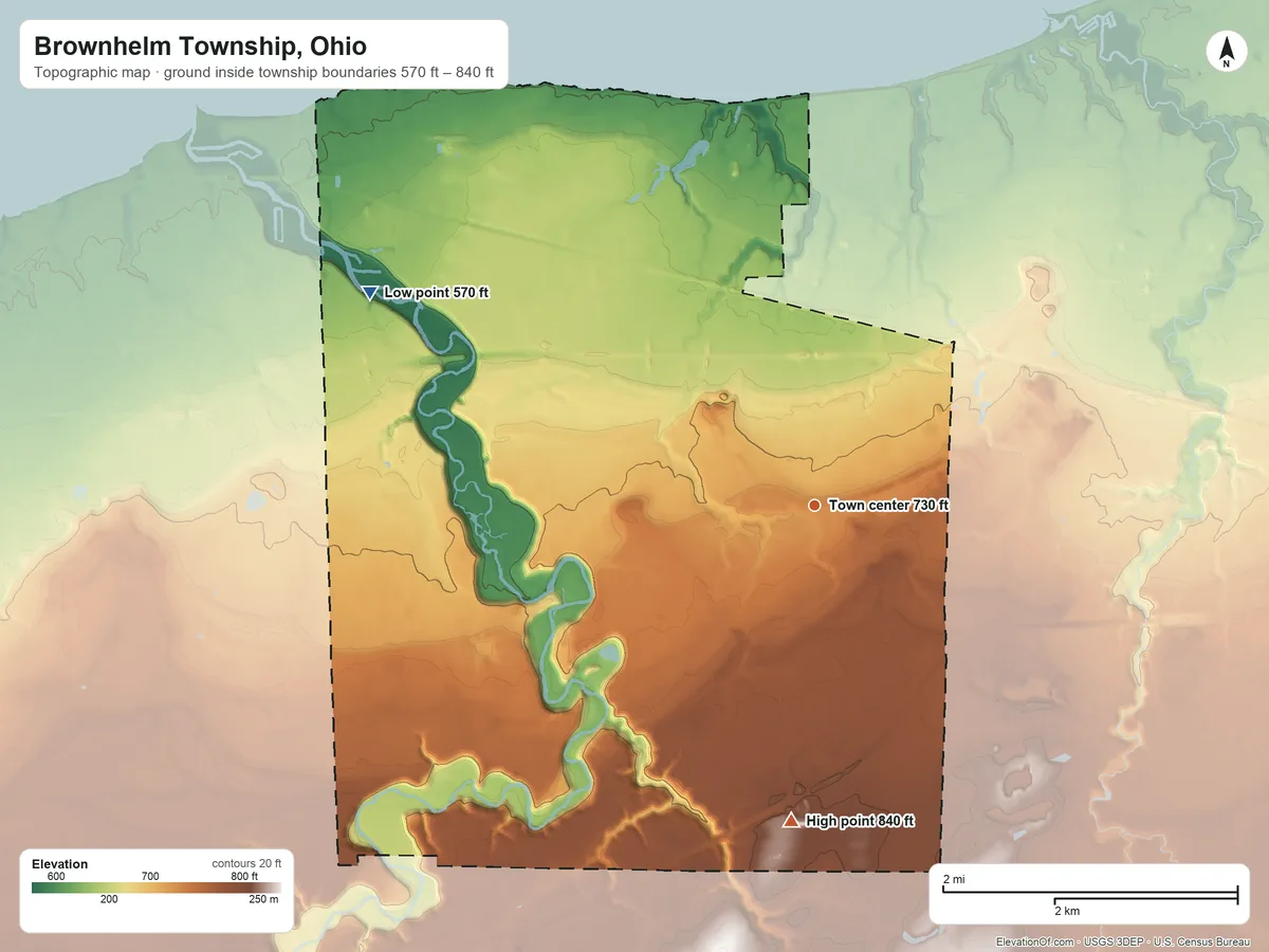 Topographic elevation map of Brownhelm Township, Ohio, shaded from 570 ft on the northwest side to 840 ft on the south side