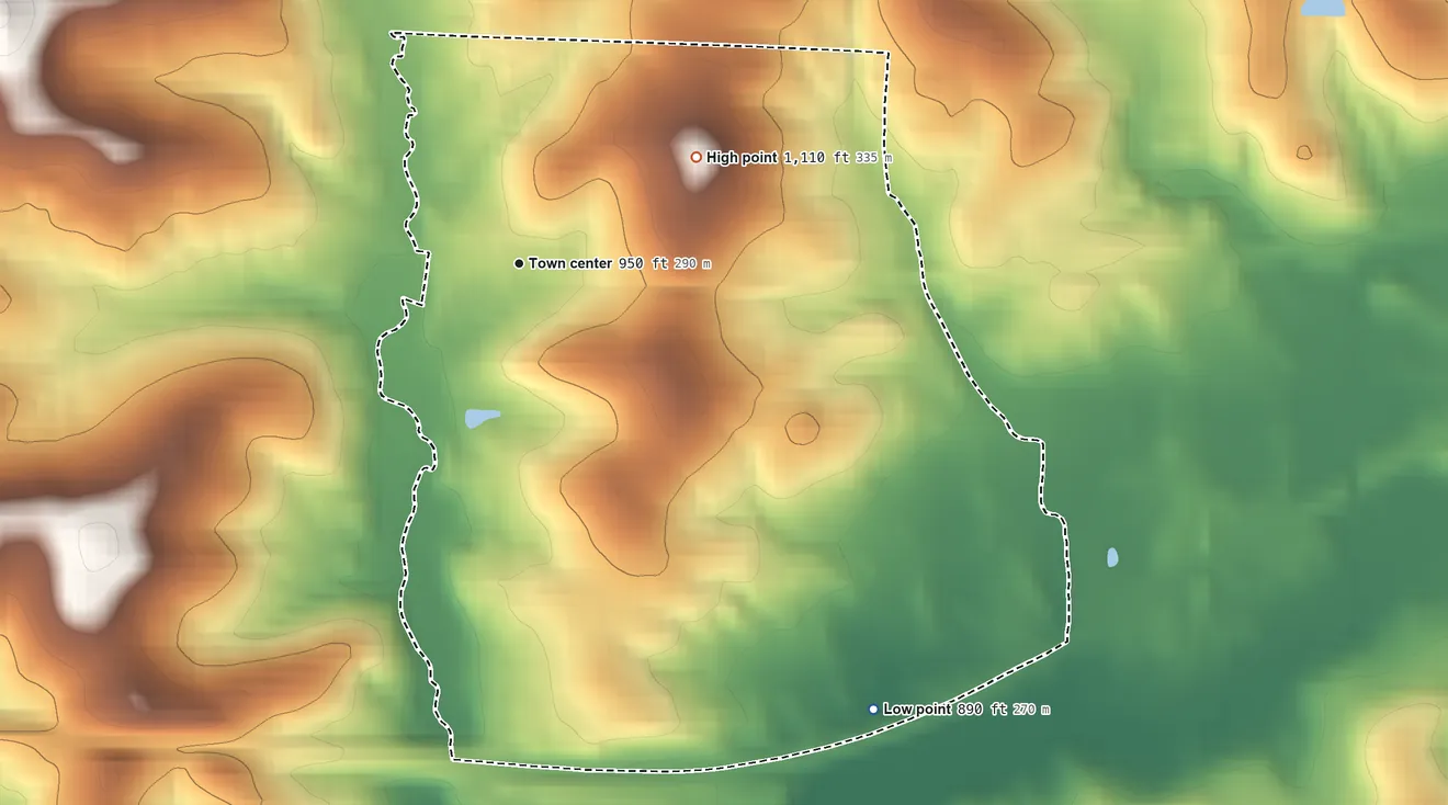 Topographic elevation map of Brownsville, Ohio, shaded from 890 ft on the southeast side to 1,110 ft on the northeast side