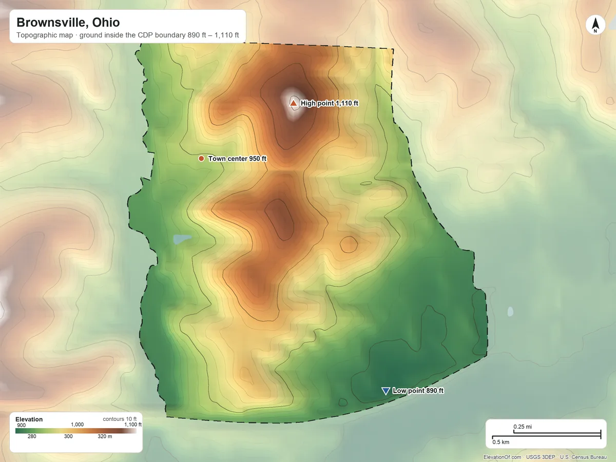 Topographic elevation map of Brownsville, Ohio, shaded from 890 ft on the southeast side to 1,110 ft on the northeast side