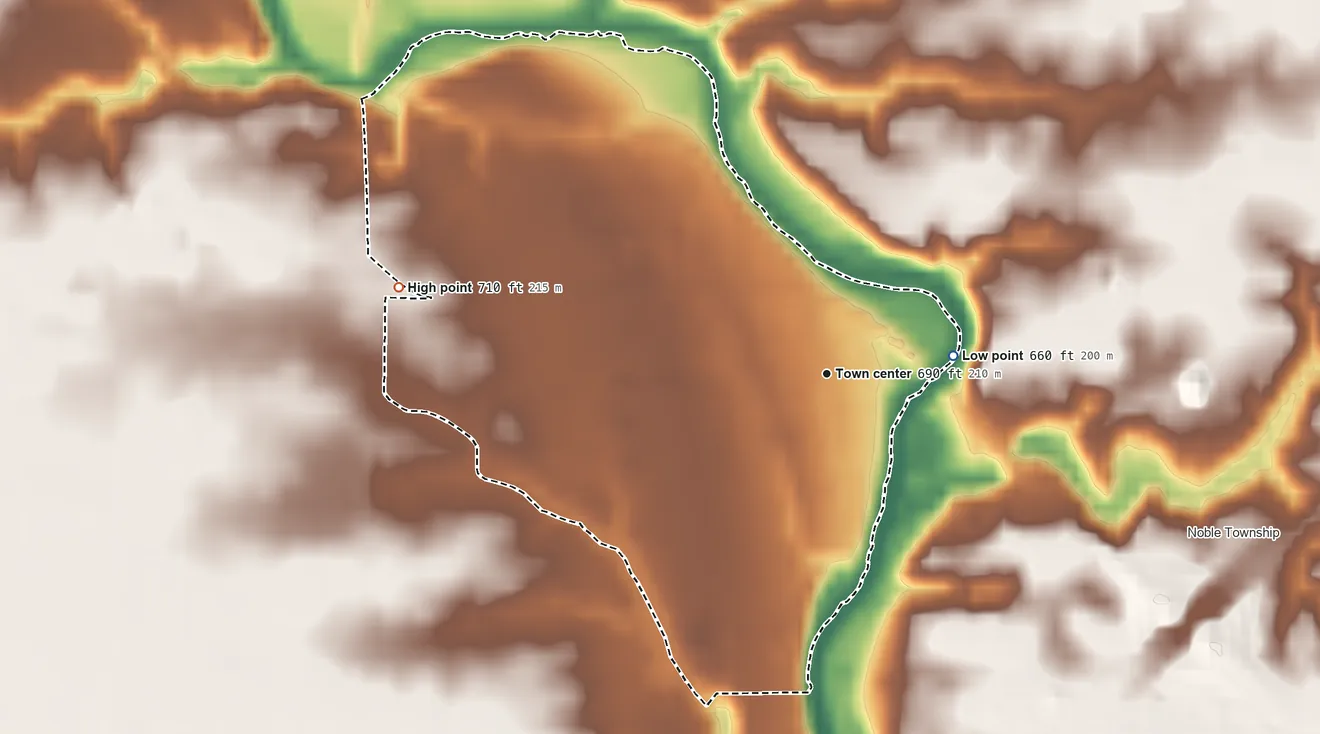 Topographic elevation map of Brunersburg, Ohio, shaded from 660 ft on the east side to 710 ft on the west side