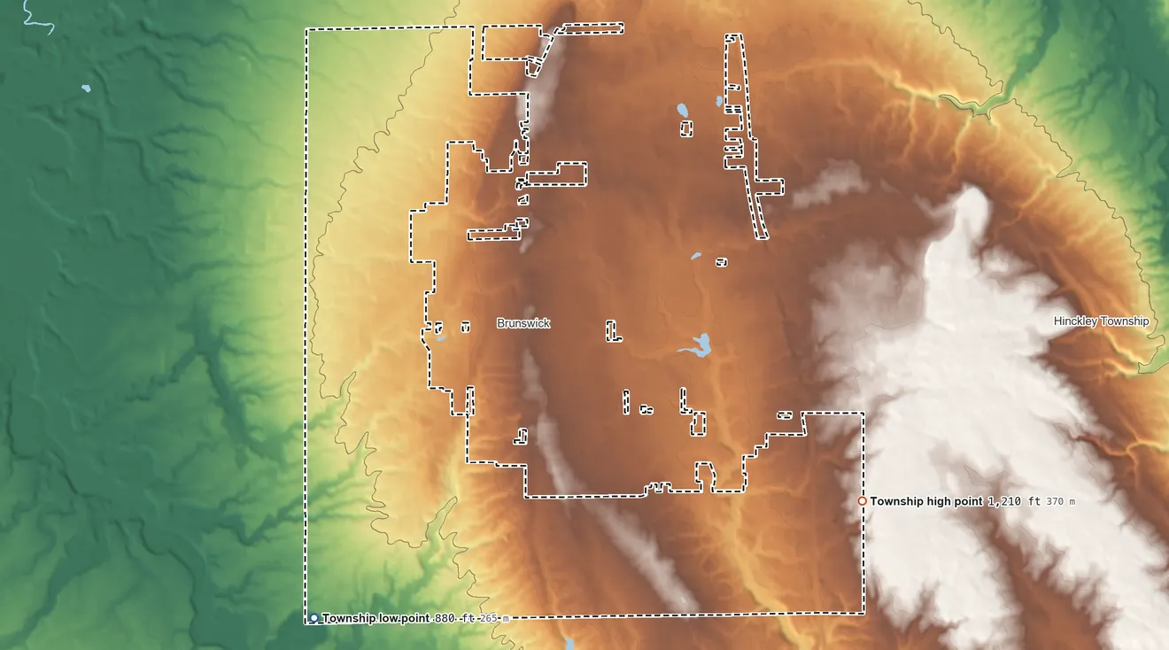 Topographic elevation map of Brunswick Hills Township, Ohio, shaded from 880 ft on the south side to 1,210 ft on the southeast side