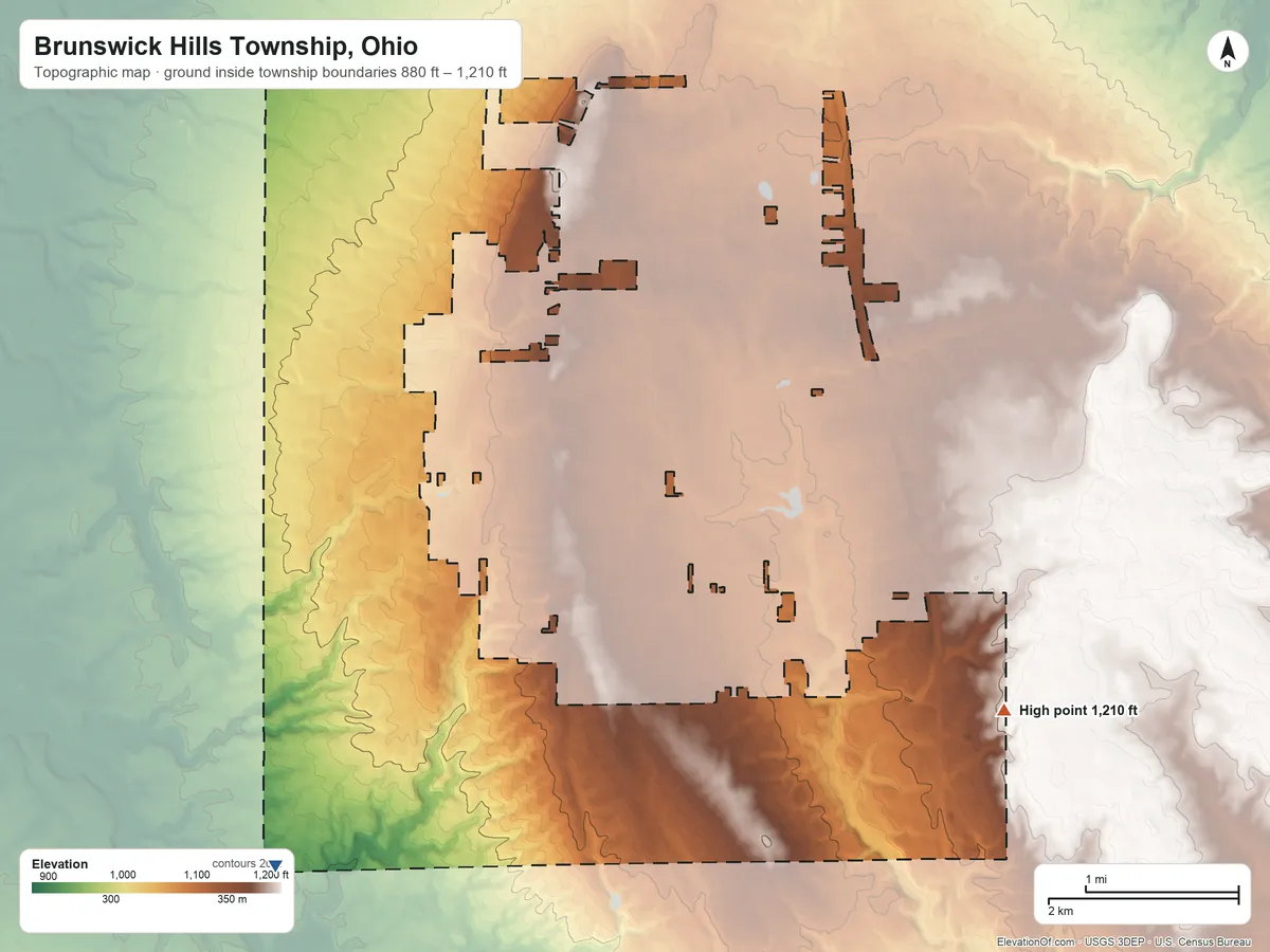 Topographic elevation map of Brunswick Hills Township, Ohio, shaded from 880 ft on the south side to 1,210 ft on the southeast side